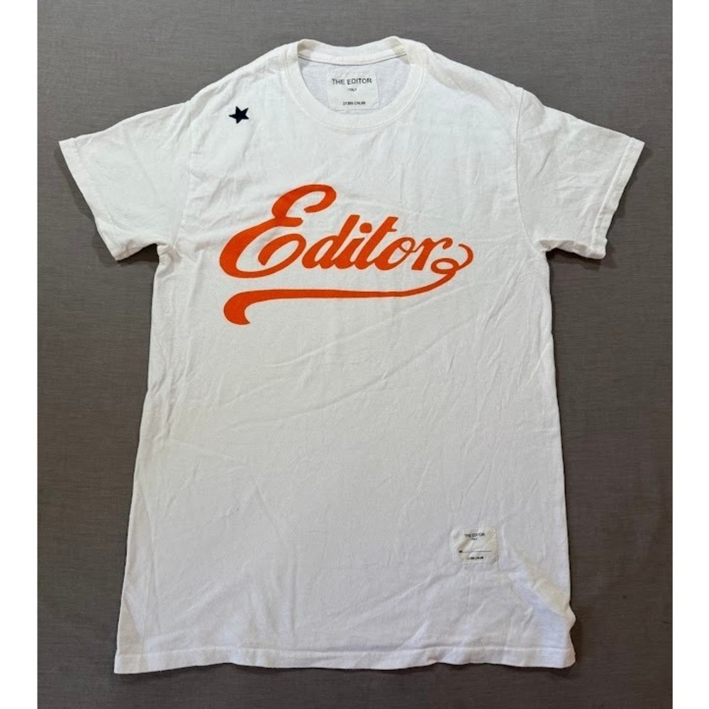 THE EDITOR ITALY Mens White‎ Graphic Tee Sleeve Spell Out Logo Crew Neck Small
